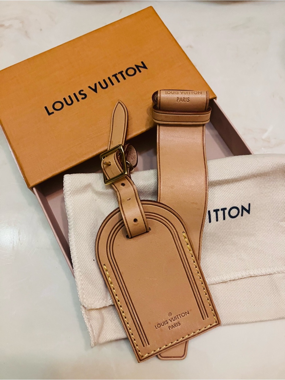 Louis Vuitton Leather Luggage Tag with Brass Buckle Large